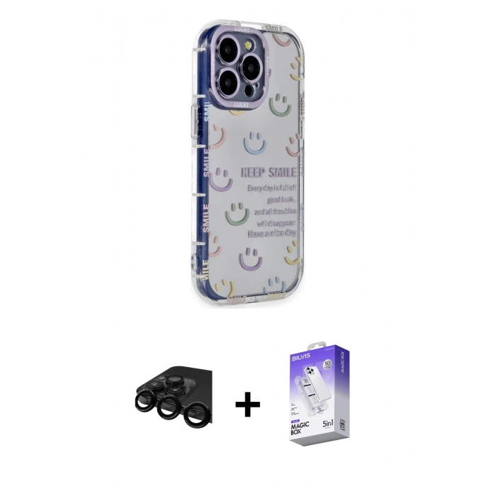 MARSİLYAN™- iPhone 15 Pro Max Kılıf Ahenk Modern Serisi - Siyah Bilvis 5in1 3D Magic Cam Ekran Koruyucu + Raze Metal Kamera Lens - SH