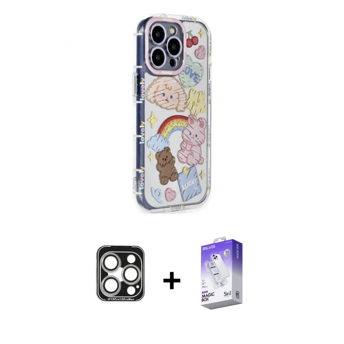 MARSİLYAN™- iPhone 15 Pro Max Kılıf Ahenk Modern Serisi - Siyah Bilvis 5in1 3D Magic Cam Ekran Koruyucu + PVD Metal Kamera Lens - GS