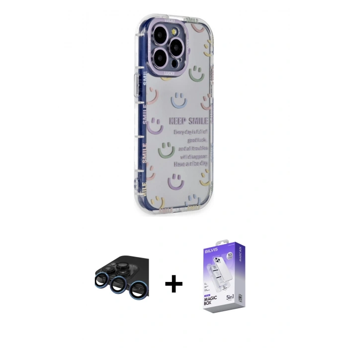 MARSİLYAN™- iPhone 15 Pro Max Kılıf Ahenk Modern Serisi - Siyah Bilvis 5in1 3D Magic Cam Ekran Koruyucu + Raze Metal Kamera Lens - LT