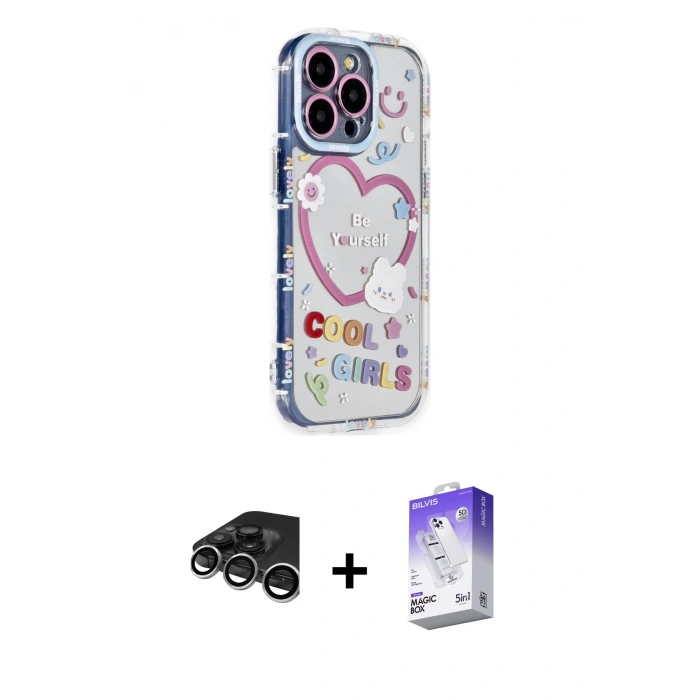 MARSİLYAN™- iPhone 15 Pro Max Kılıf Ahenk Modern Serisi - Siyah Bilvis 5in1 3D Magic Cam Ekran Koruyucu + Raze Metal Kamera Lens - GS