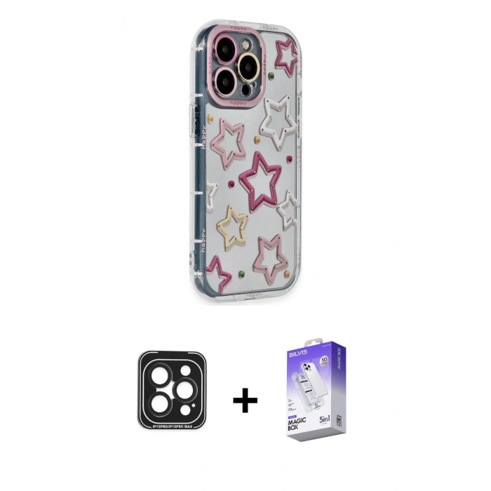 MARSİLYAN™- iPhone 15 Pro Max Kılıf Ahenk Modern Serisi - Siyah Bilvis 5in1 3D Magic Cam Ekran Koruyucu + PVD Metal Kamera Lens - SH