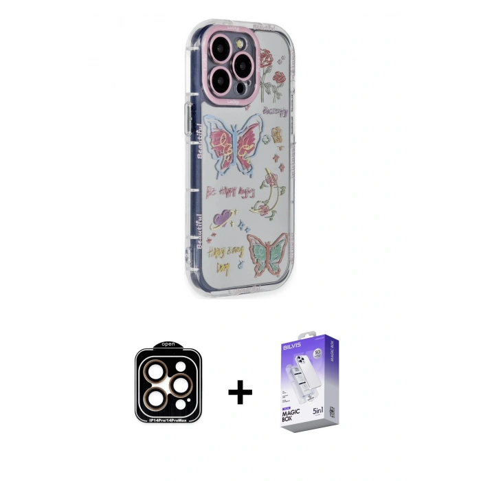 MARSİLYAN™- iPhone 15 Pro Max Kılıf Ahenk Modern Serisi - Siyah Bilvis 5in1 3D Magic Cam Ekran Koruyucu + PVD Metal Kamera Lens - TU