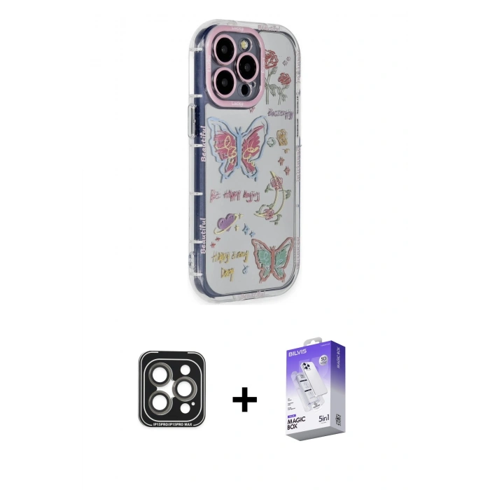 MARSİLYAN™- iPhone 15 Pro Max Kılıf Ahenk Modern Serisi - Siyah Bilvis 5in1 3D Magic Cam Ekran Koruyucu + PVD Metal Kamera Lens - GI