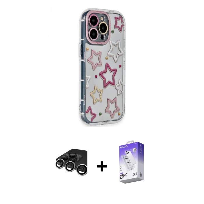 MARSİLYAN™- iPhone 15 Pro Max Kılıf Ahenk Modern Serisi - Siyah Bilvis 5in1 3D Magic Cam Ekran Koruyucu + Raze Metal Kamera Lens - GS