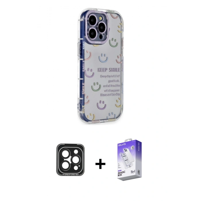 MARSİLYAN™- iPhone 15 Pro Max Kılıf Ahenk Modern Serisi - Siyah Bilvis 5in1 3D Magic Cam Ekran Koruyucu + PVD Metal Kamera Lens - SH