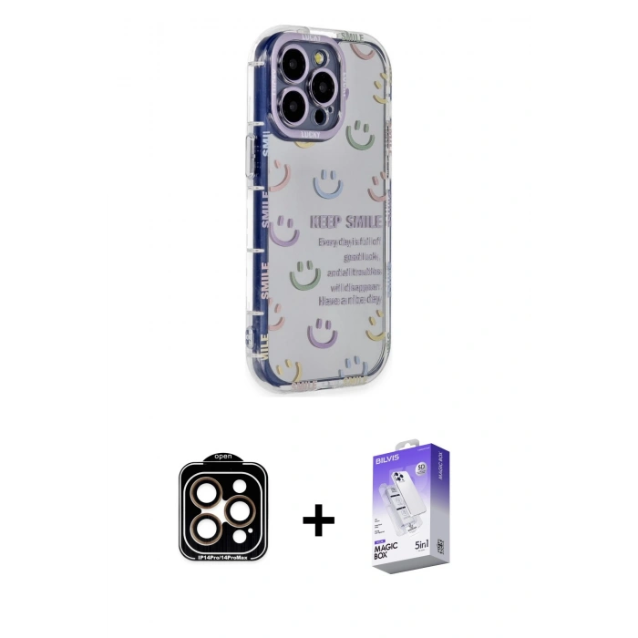 MARSİLYAN™- iPhone 15 Pro Max Kılıf Ahenk Modern Serisi - Siyah Bilvis 5in1 3D Magic Cam Ekran Koruyucu + PVD Metal Kamera Lens - TU