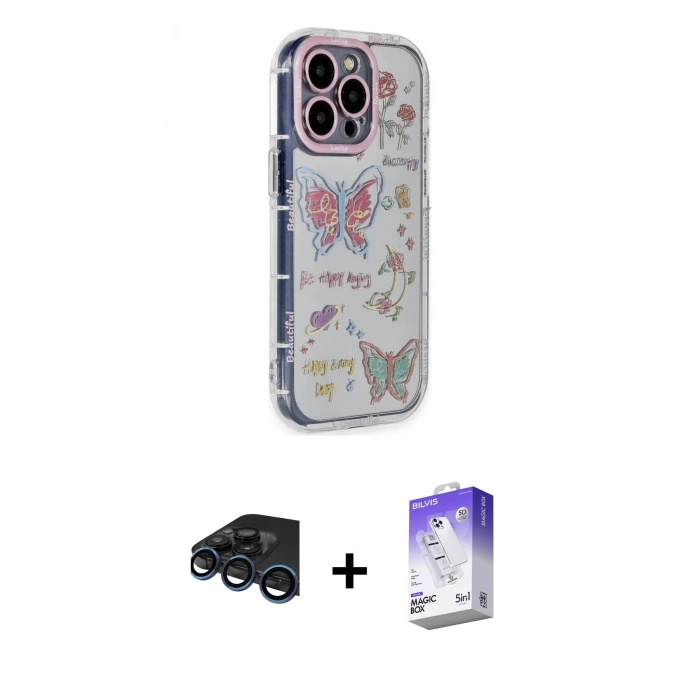 MARSİLYAN™- iPhone 15 Pro Max Kılıf Ahenk Modern Serisi - Siyah Bilvis 5in1 3D Magic Cam Ekran Koruyucu + Raze Metal Kamera Lens - LT
