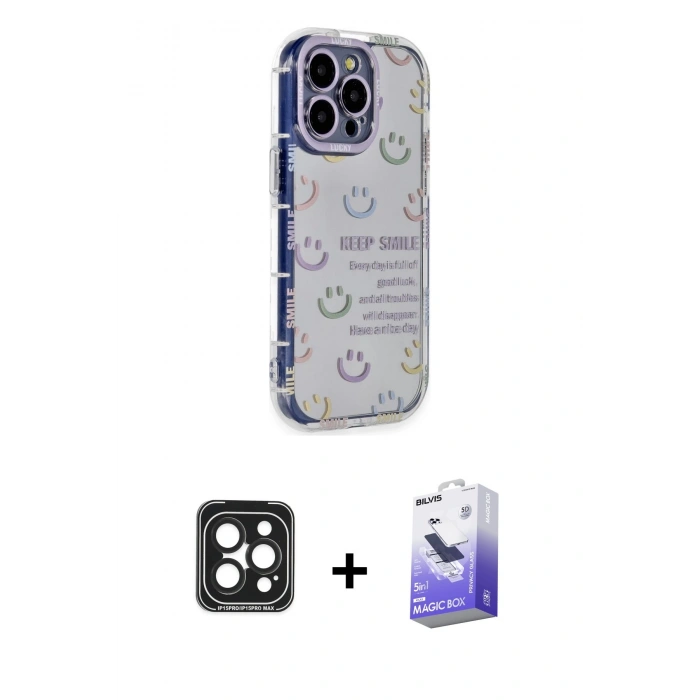 MARSİLYAN™- iPhone 15 Pro Max Kılıf Ahenk Modern Serisi - Siyah Bilvis 5in1 5D Magic Hayalet Cam Ekran Koruyucu + Siyah PVD Metal Kamera Lens