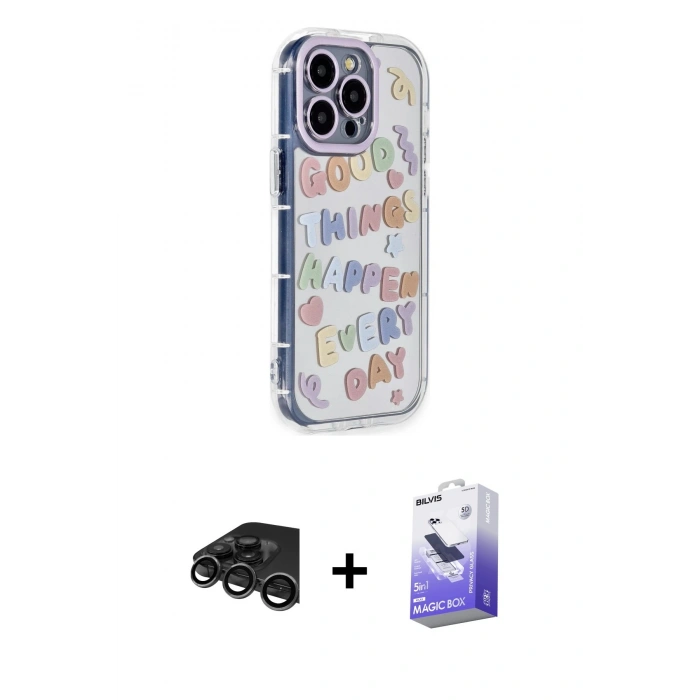 MARSİLYAN™- iPhone 15 Pro Max Kılıf Ahenk Modern Serisi - Siyah Bilvis 5in1 5D Magic Hayalet Cam Ekran Koruyucu + Raze Metal Kamera Lens - TMGI