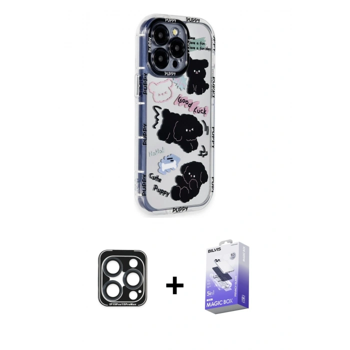 MARSİLYAN™- iPhone 15 Pro Max Kılıf Ahenk Modern Serisi - Siyah Bilvis 5in1 5D Magic Hayalet Cam Ekran Koruyucu + PVD Metal Kamera Lens - LT