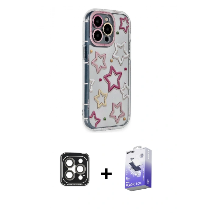MARSİLYAN™- iPhone 15 Pro Max Kılıf Ahenk Modern Serisi - Siyah Bilvis 5in1 5D Magic Hayalet Cam Ekran Koruyucu + PVD Metal Kamera Lens - GI