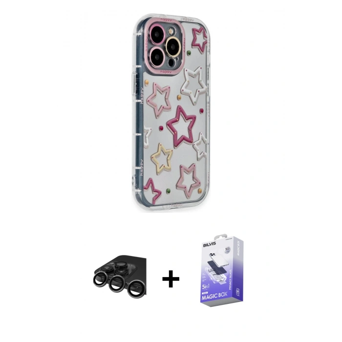 MARSİLYAN™- iPhone 15 Pro Max Kılıf Ahenk Modern Serisi - Siyah Bilvis 5in1 5D Magic Hayalet Cam Ekran Koruyucu + Raze Metal Kamera Lens - TMGI