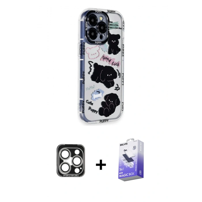 MARSİLYAN™- iPhone 15 Pro Max Kılıf Ahenk Modern Serisi - Siyah Bilvis 5in1 5D Magic Hayalet Cam Ekran Koruyucu + PVD Metal Kamera Lens - GS