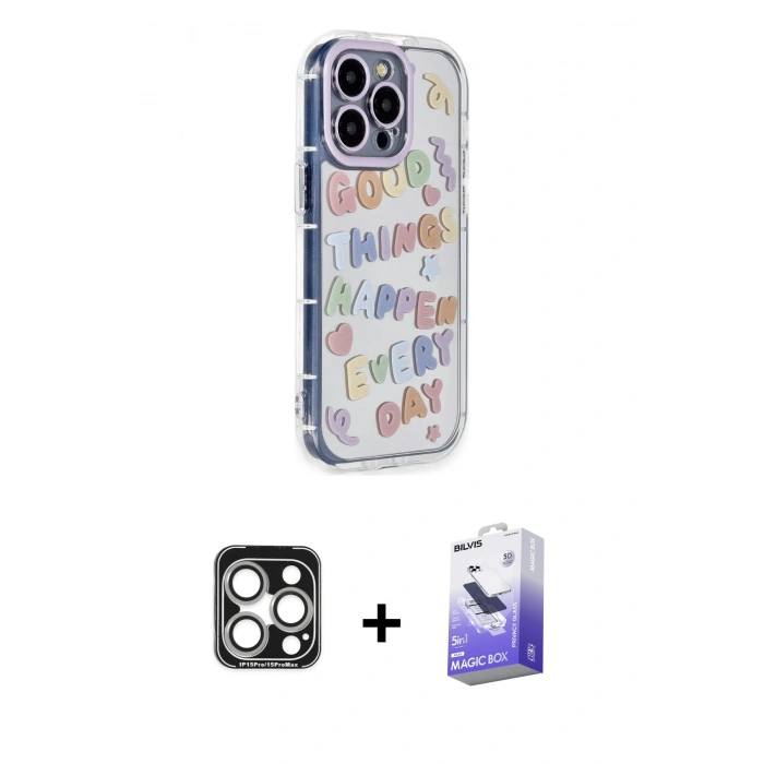 MARSİLYAN™- iPhone 15 Pro Max Kılıf Ahenk Modern Serisi - Siyah Bilvis 5in1 5D Magic Hayalet Cam Ekran Koruyucu + PVD Metal Kamera Lens - GS