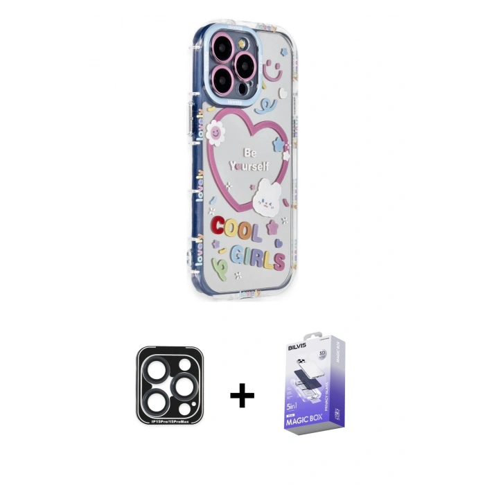 MARSİLYAN™- iPhone 15 Pro Max Kılıf Ahenk Modern Serisi - Siyah Bilvis 5in1 5D Magic Hayalet Cam Ekran Koruyucu + PVD Metal Kamera Lens - LT