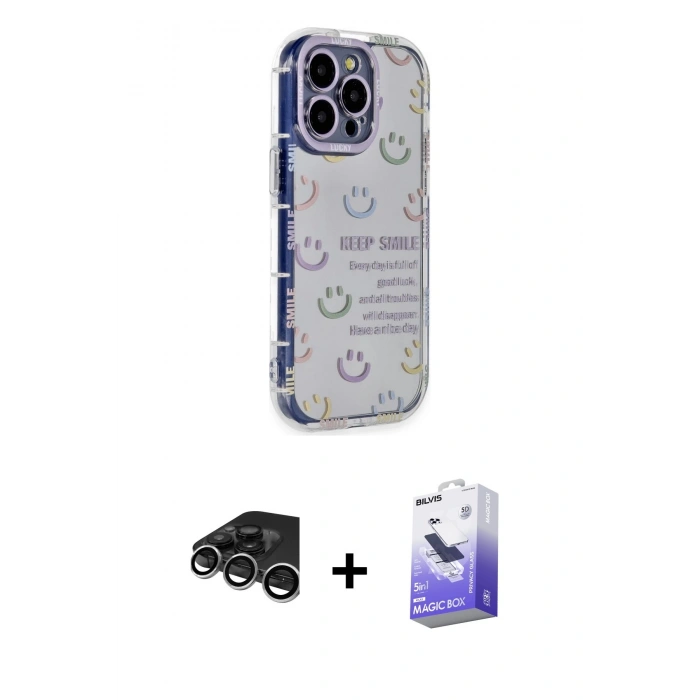 MARSİLYAN™- iPhone 15 Pro Max Kılıf Ahenk Modern Serisi - Siyah Bilvis 5in1 5D Magic Hayalet Cam Ekran Koruyucu + Raze Metal Kamera Lens - GS