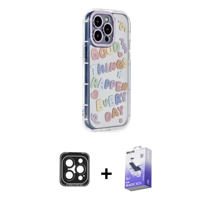 MARSİLYAN™- iPhone 15 Pro Max Kılıf Ahenk Modern Serisi - Siyah Bilvis 5in1 5D Magic Hayalet Cam Ekran Koruyucu + Siyah PVD Metal Kamera Lens