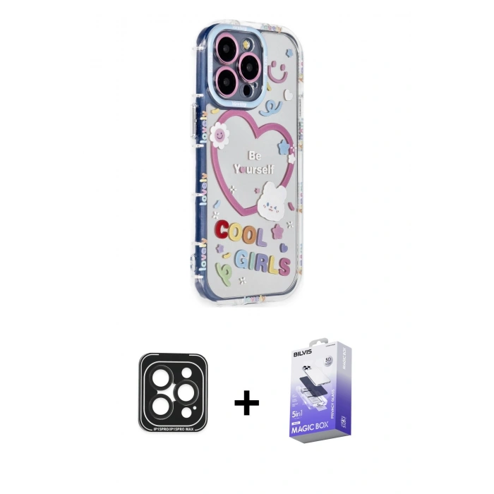 MARSİLYAN™- iPhone 15 Pro Max Kılıf Ahenk Modern Serisi - Siyah Bilvis 5in1 5D Magic Hayalet Cam Ekran Koruyucu + Siyah PVD Metal Kamera Lens