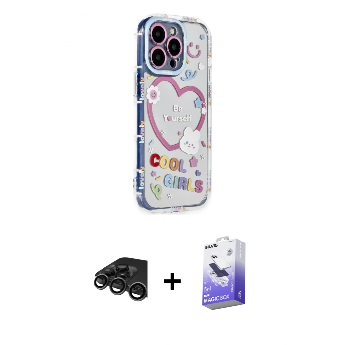 MARSİLYAN™- iPhone 15 Pro Max Kılıf Ahenk Modern Serisi - Siyah Bilvis 5in1 5D Magic Hayalet Cam Ekran Koruyucu + Raze Metal Kamera Lens - TMGI
