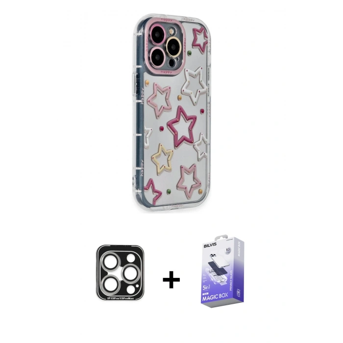 MARSİLYAN™- iPhone 15 Pro Max Kılıf Ahenk Modern Serisi - Siyah Bilvis 5in1 5D Magic Hayalet Cam Ekran Koruyucu + PVD Metal Kamera Lens - GS