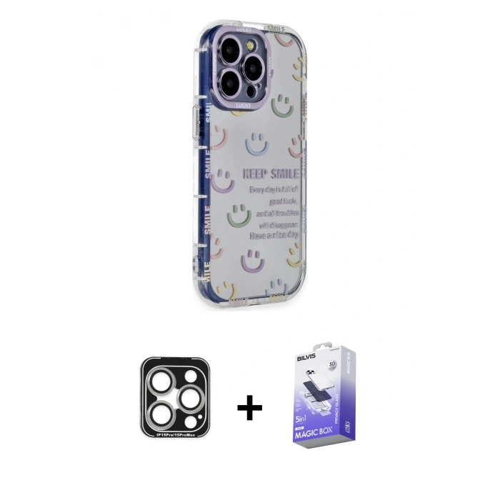 MARSİLYAN™- iPhone 15 Pro Max Kılıf Ahenk Modern Serisi - Siyah Bilvis 5in1 5D Magic Hayalet Cam Ekran Koruyucu + PVD Metal Kamera Lens - GS
