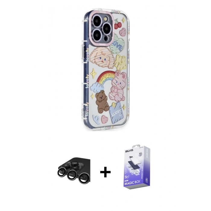 MARSİLYAN™- iPhone 15 Pro Max Kılıf Ahenk Modern Serisi - Siyah Bilvis 5in1 5D Magic Hayalet Cam Ekran Koruyucu + Raze Metal Kamera Lens - TMGI