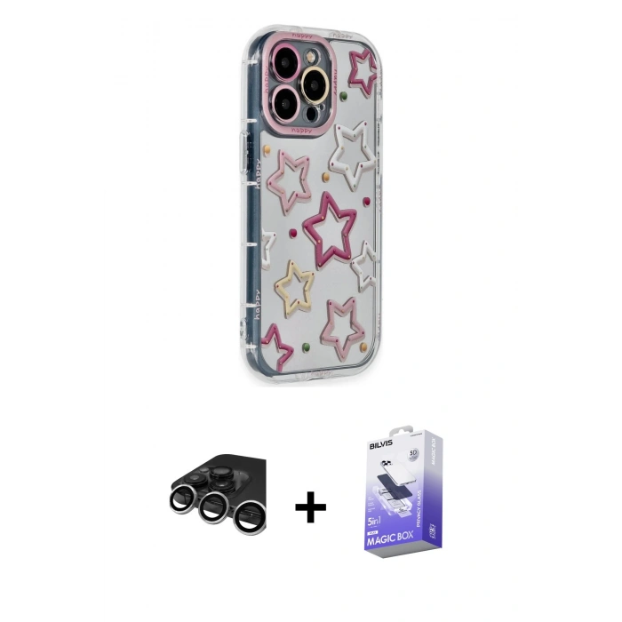 MARSİLYAN™- iPhone 15 Pro Max Kılıf Ahenk Modern Serisi - Siyah Bilvis 5in1 5D Magic Hayalet Cam Ekran Koruyucu + Gümüş Raze Metal Kamera Lens