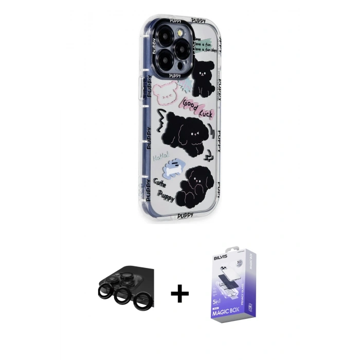 MARSİLYAN™- iPhone 15 Pro Max Kılıf Ahenk Modern Serisi - Siyah Bilvis 5in1 5D Magic Hayalet Cam Ekran Koruyucu + Raze Metal Kamera Lens - SH