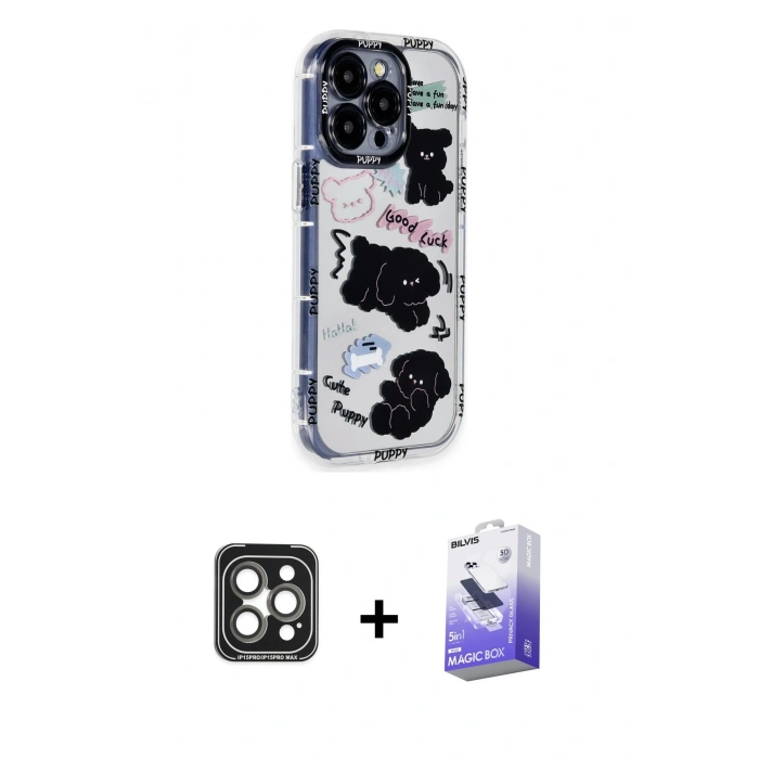 MARSİLYAN™- iPhone 15 Pro Max Kılıf Ahenk Modern Serisi - Siyah Bilvis 5in1 5D Magic Hayalet Cam Ekran Koruyucu + PVD Metal Kamera Lens - GI