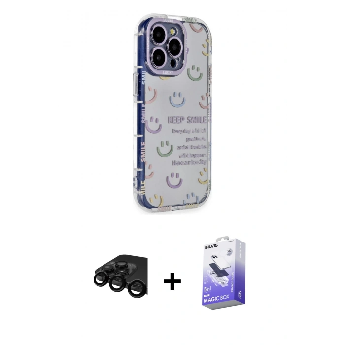 MARSİLYAN™- iPhone 15 Pro Max Kılıf Ahenk Modern Serisi - Siyah Bilvis 5in1 5D Magic Hayalet Cam Ekran Koruyucu + Raze Metal Kamera Lens - SH