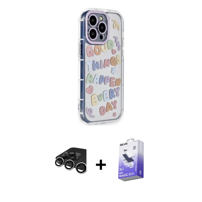 MARSİLYAN™- iPhone 15 Pro Max Kılıf Ahenk Modern Serisi - Siyah Bilvis 5in1 5D Magic Hayalet Cam Ekran Koruyucu + Gümüş Raze Metal Kamera Lens