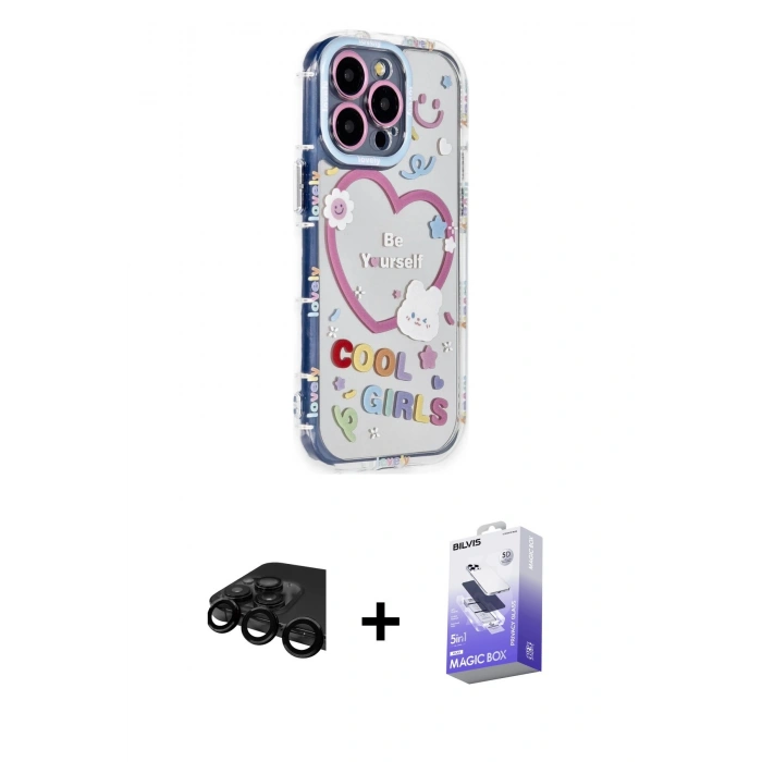 MARSİLYAN™- iPhone 15 Pro Max Kılıf Ahenk Modern Serisi - Siyah Bilvis 5in1 5D Magic Hayalet Cam Ekran Koruyucu + Raze Metal Kamera Lens - SH
