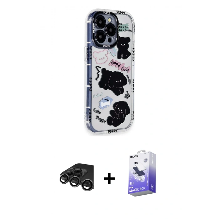 MARSİLYAN™- iPhone 15 Pro Max Kılıf Ahenk Modern Serisi - Siyah Bilvis 5in1 5D Magic Hayalet Cam Ekran Koruyucu + Raze Metal Kamera Lens - TMGI