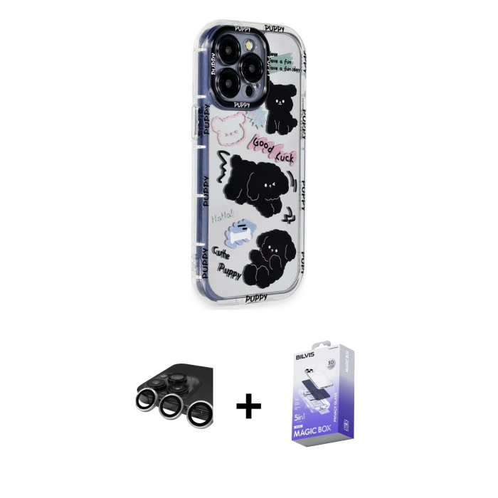 MARSİLYAN™- iPhone 15 Pro Max Kılıf Ahenk Modern Serisi - Siyah Bilvis 5in1 5D Magic Hayalet Cam Ekran Koruyucu + Raze Metal Kamera Lens - GS