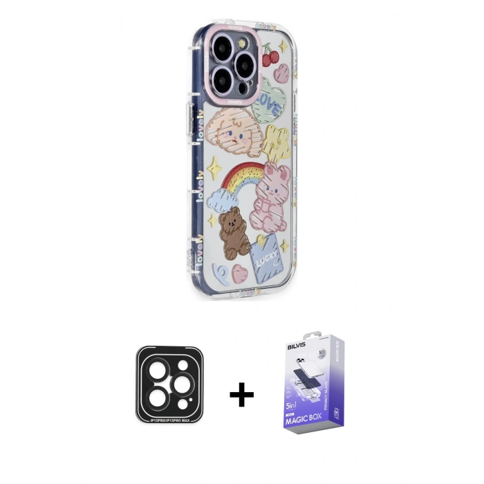 MARSİLYAN™- iPhone 15 Pro Max Kılıf Ahenk Modern Serisi - Siyah Bilvis 5in1 5D Magic Hayalet Cam Ekran Koruyucu + Siyah PVD Metal Kamera Lens