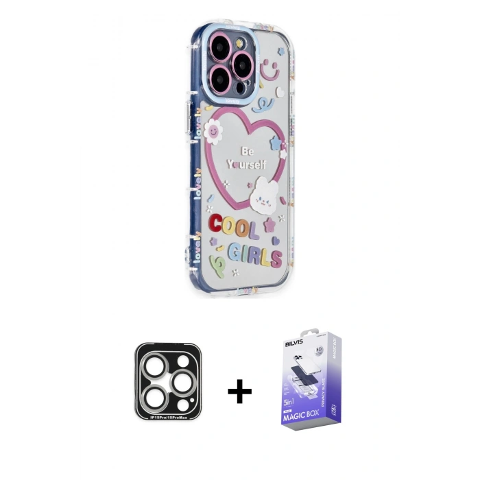 MARSİLYAN™- iPhone 15 Pro Max Kılıf Ahenk Modern Serisi - Siyah Bilvis 5in1 5D Magic Hayalet Cam Ekran Koruyucu + PVD Metal Kamera Lens - GS