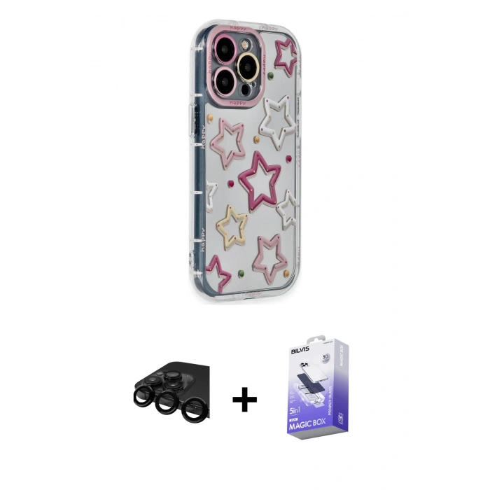 MARSİLYAN™- iPhone 15 Pro Max Kılıf Ahenk Modern Serisi - Siyah Bilvis 5in1 5D Magic Hayalet Cam Ekran Koruyucu + Raze Metal Kamera Lens - SH
