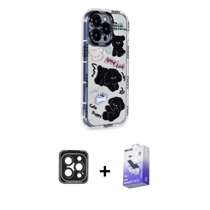 MARSİLYAN™- iPhone 15 Pro Max Kılıf Ahenk Modern Serisi - Siyah Bilvis 5in1 5D Magic Hayalet Cam Ekran Koruyucu + Siyah PVD Metal Kamera Lens