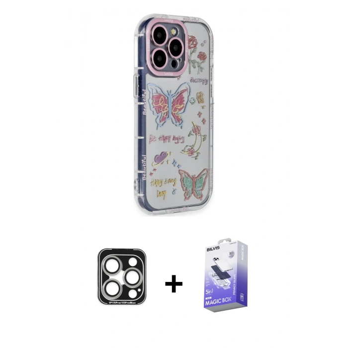 MARSİLYAN™- iPhone 15 Pro Max Kılıf Ahenk Modern Serisi - Siyah Bilvis 5in1 5D Magic Hayalet Cam Ekran Koruyucu + PVD Metal Kamera Lens - GS