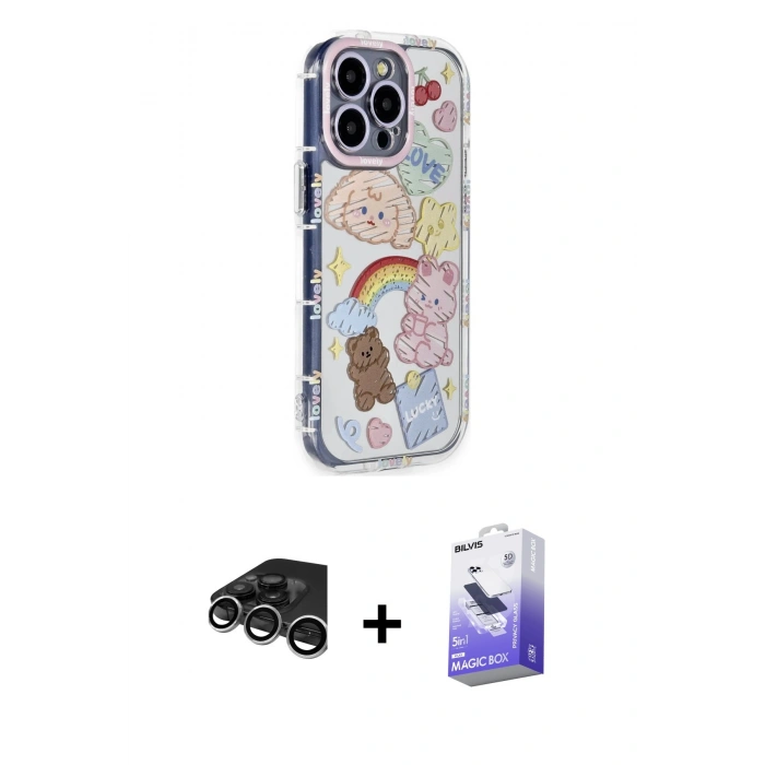 MARSİLYAN™- iPhone 15 Pro Max Kılıf Ahenk Modern Serisi - Siyah Bilvis 5in1 5D Magic Hayalet Cam Ekran Koruyucu + Gümüş Raze Metal Kamera Lens