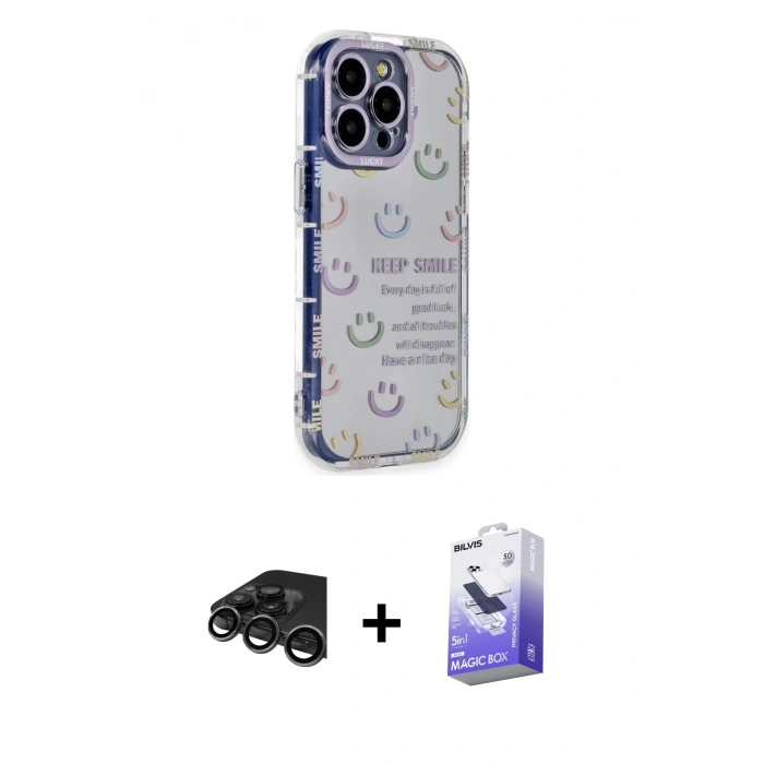 MARSİLYAN™- iPhone 15 Pro Max Kılıf Ahenk Modern Serisi - Siyah Bilvis 5in1 5D Magic Hayalet Cam Ekran Koruyucu + Raze Metal Kamera Lens - TMGI