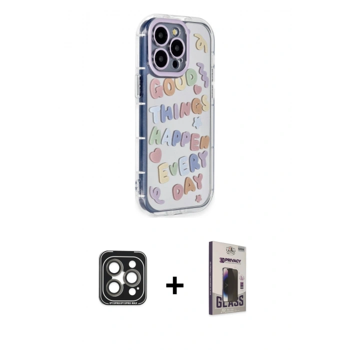 MARSİLYAN™- iPhone 15 Pro Max Kılıf Ahenk Modern Serisi - Siyah Bilvis Hayalet Cam Ekran Koruyucu + PVD Metal Kamera Lens - GI