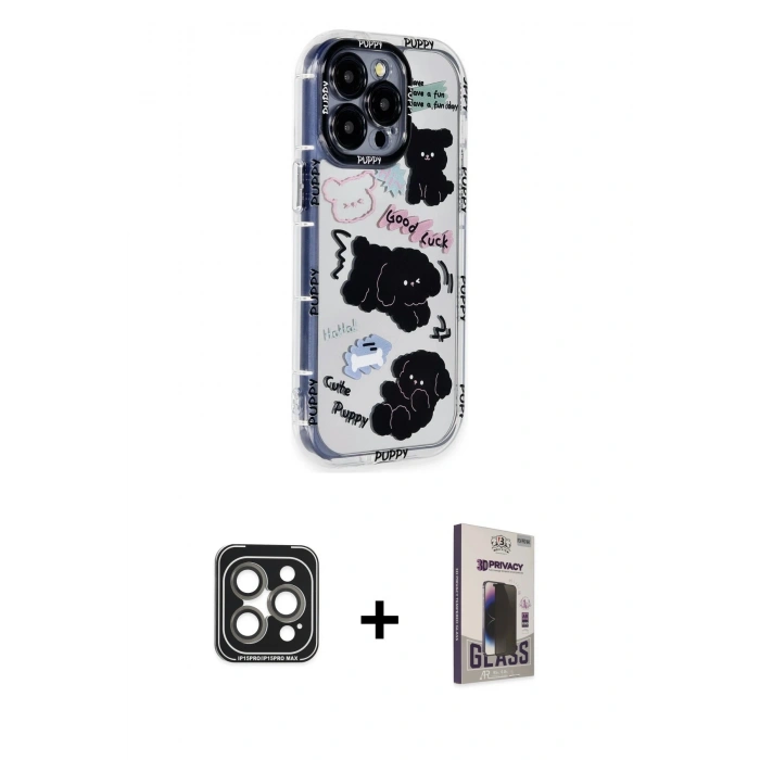 MARSİLYAN™- iPhone 15 Pro Max Kılıf Ahenk Modern Serisi - Siyah Bilvis Hayalet Cam Ekran Koruyucu + PVD Metal Kamera Lens - GI