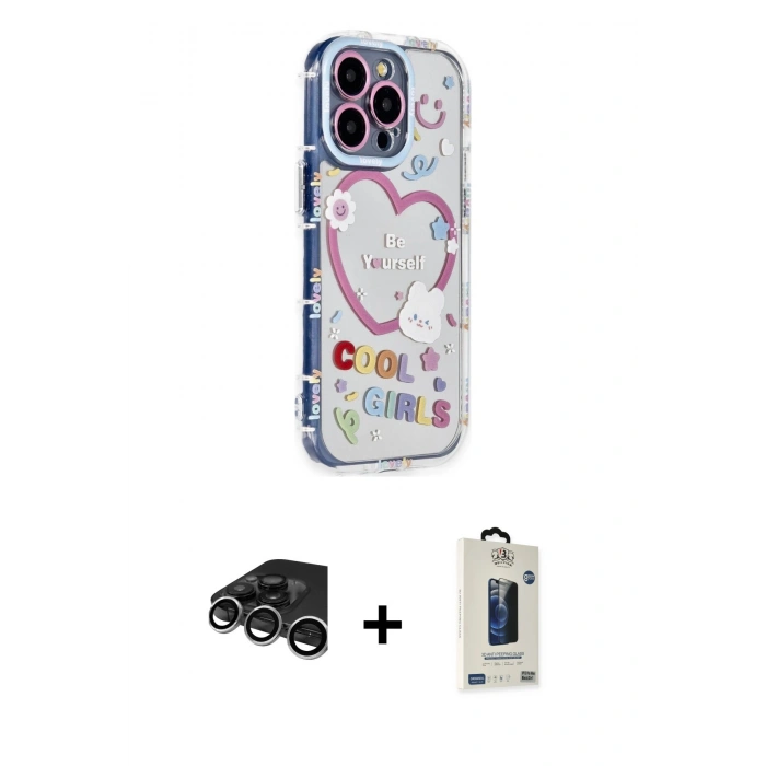 MARSİLYAN™- iPhone 15 Pro Max Kılıf Ahenk Modern Serisi - Siyah Bilvis Hayalet Cam Ekran Koruyucu + Raze Metal Kamera Lens - GS