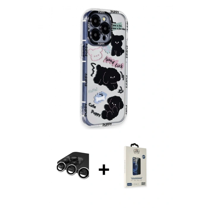 MARSİLYAN™- iPhone 15 Pro Max Kılıf Ahenk Modern Serisi - Siyah Bilvis Hayalet Cam Ekran Koruyucu + Raze Metal Kamera Lens - GS