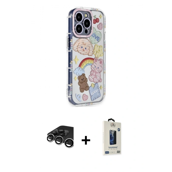 MARSİLYAN™- iPhone 15 Pro Max Kılıf Ahenk Modern Serisi - Siyah Bilvis Hayalet Cam Ekran Koruyucu + Raze Metal Kamera Lens - GS