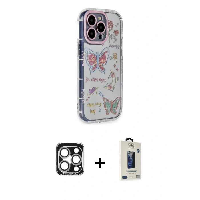 MARSİLYAN™- iPhone 15 Pro Max Kılıf Ahenk Modern Serisi - Siyah Bilvis Hayalet Cam Ekran Koruyucu + PVD Metal Kamera Lens - GS