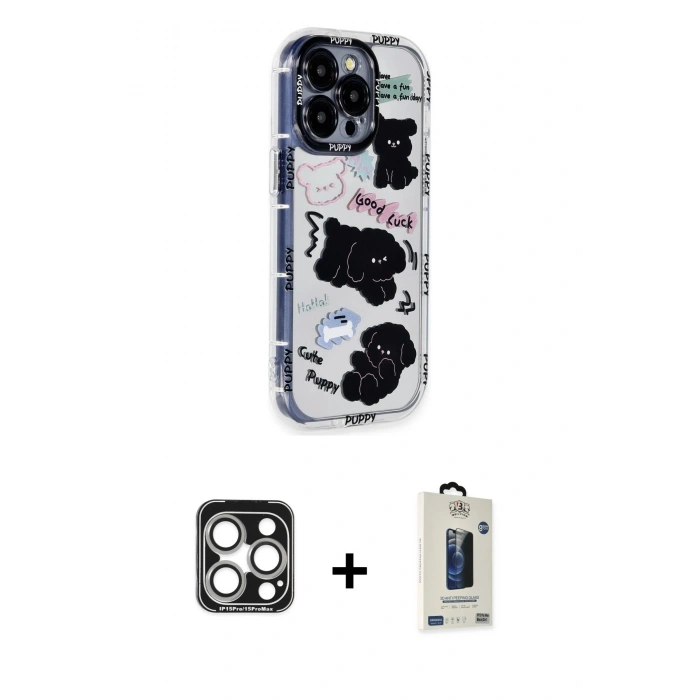 MARSİLYAN™- iPhone 15 Pro Max Kılıf Ahenk Modern Serisi - Siyah Bilvis Hayalet Cam Ekran Koruyucu + PVD Metal Kamera Lens - GS