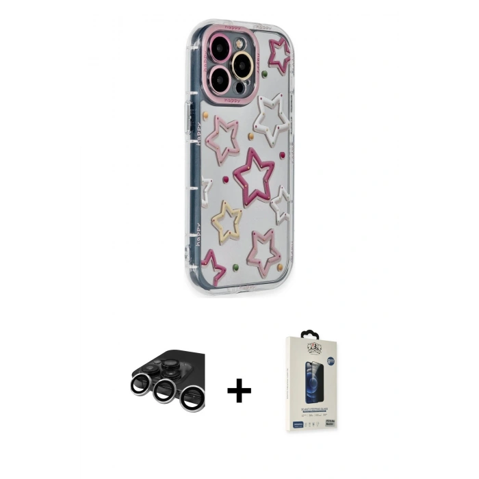 MARSİLYAN™- iPhone 15 Pro Max Kılıf Ahenk Modern Serisi - Siyah Bilvis Hayalet Cam Ekran Koruyucu + Raze Metal Kamera Lens - GS