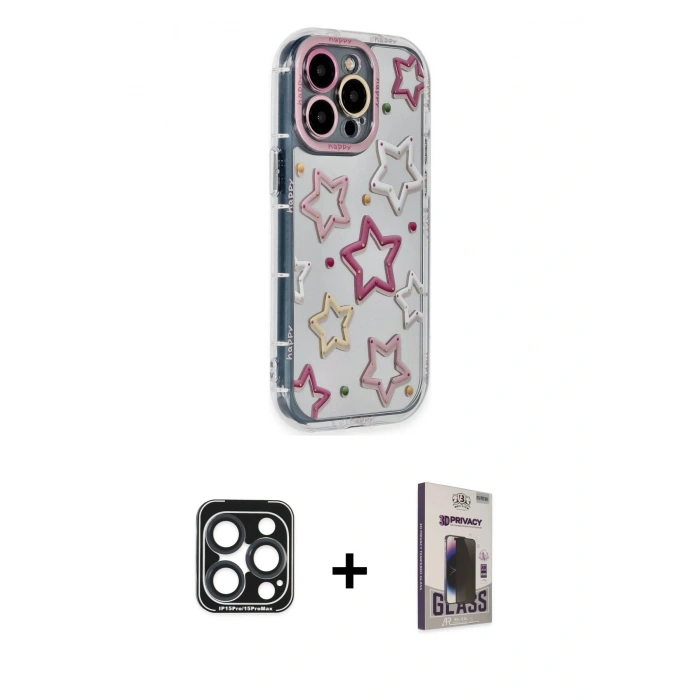 MARSİLYAN™- iPhone 15 Pro Max Kılıf Ahenk Modern Serisi - Siyah Bilvis Hayalet Cam Ekran Koruyucu + PVD Metal Kamera Lens - LT